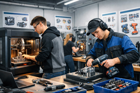 Современный учебный класс мастерской где студенты осваивают рабочие профессии на практике