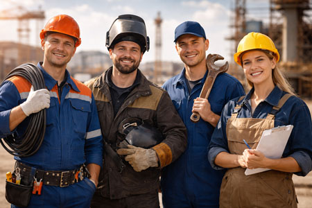 Рабочие на стройке выполняют строительные работы, специалисты рабочих профессий в касках и спецодежде