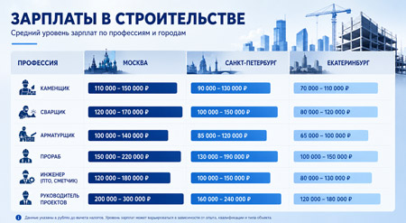 Зарплаты строителей в городах России в 2025 году
