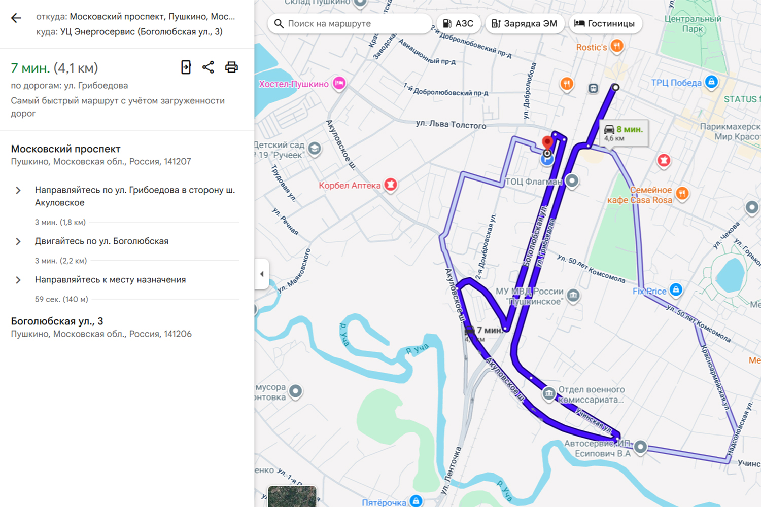 Маршрут на автомобиле от станции Пушкино